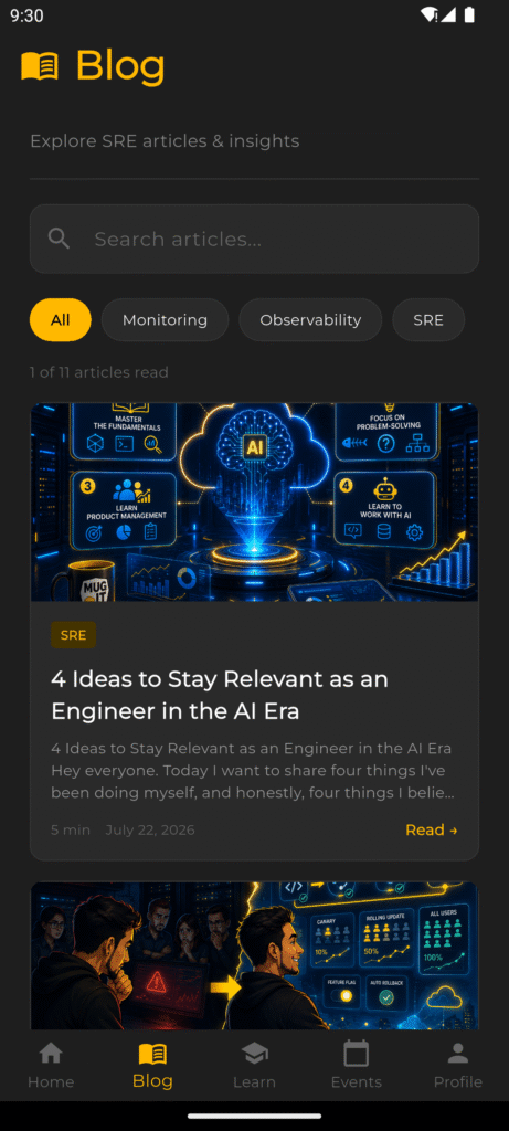 The article feed in the SRE app