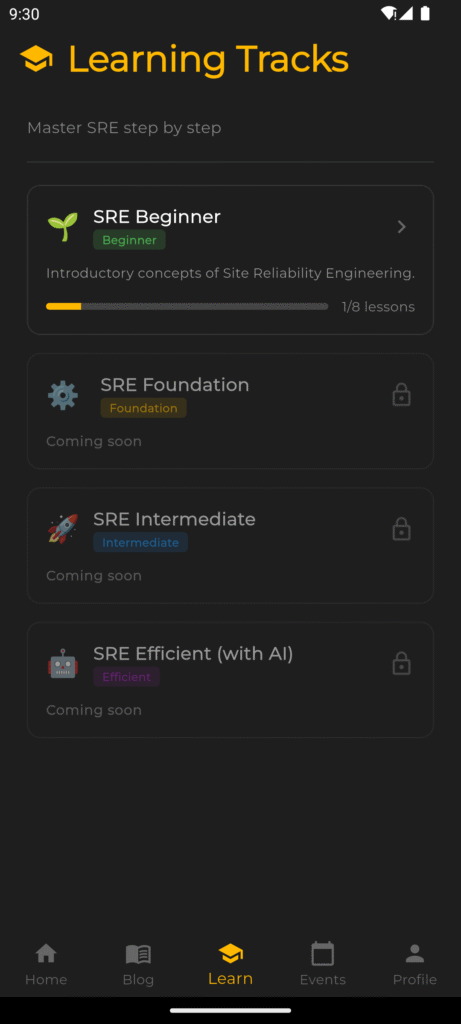 The MUG IT app showing an SRE learning track