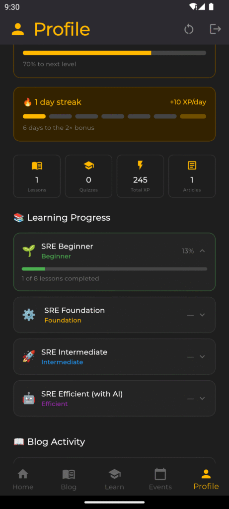 The progress profile in the SRE app